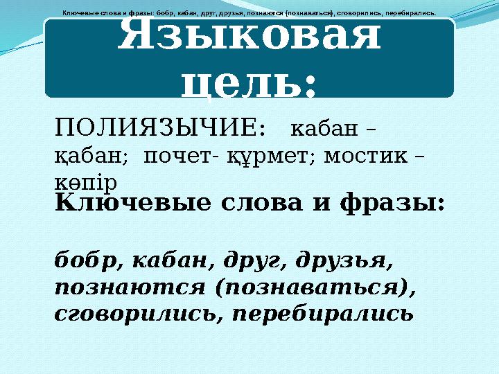 Языковая цель: ПОЛИЯЗЫЧИЕ: кабан – қабан; почет- құрмет; мостик – көпір Ключевые слова и фразы: бобр, кабан, друг, др