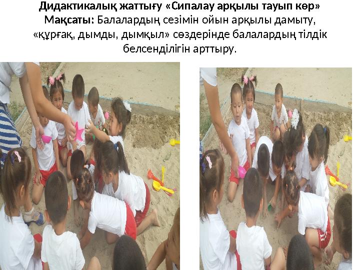 Дидактикалық жаттығу «Сипалау арқылы тауып көр» Мақсаты: Балалардың сезімін ойын арқылы дамыту, «құрғақ, дымды, дымқыл» сөздері