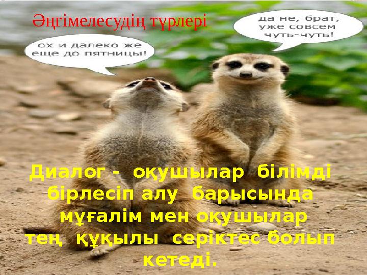 Диалог - оқушылар білімді бірлесіп алу барысында мұғалім мен оқушылар тең құқылы серіктес болып кетеді. Әңгімеле