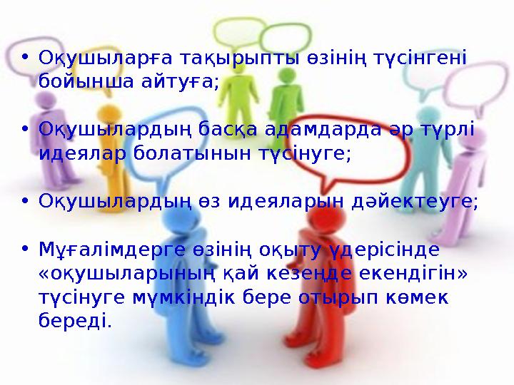 •Оқушыларға тақырыпты өзінің түсінгені бойынша айтуға; •Оқушылардың басқа адамдарда әр түрлі идеялар болатынын түсінуге; •