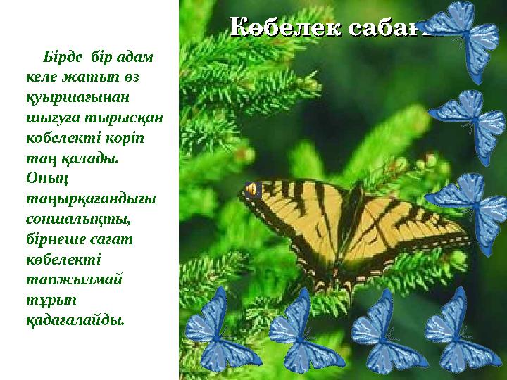 Көбелек сабағыКөбелек сабағы Бірде бір адам келе жатып өз қуыршағынан шығуға тырысқан көбелекті көріп таң қалады.