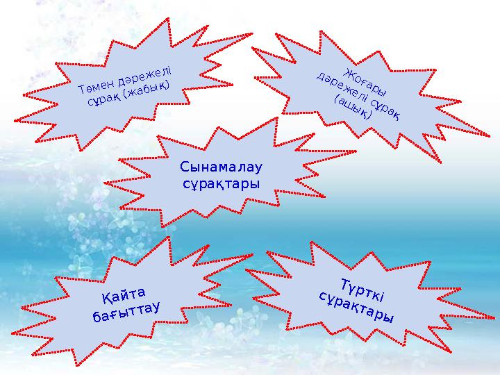 Төмен дәрежелі сұрақ (жабық) Ж о ғ а р ы д ә р е ж е л і с ұ р а қ ( а ш ы қ ) Т ү р т к і с ұ р а қ т а р ы Сынамал