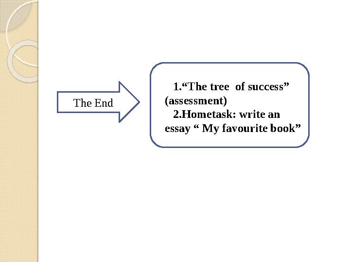 The End 1.“The tree of success” (assessment) 2.Hometask: write an essay “ My favourite book”