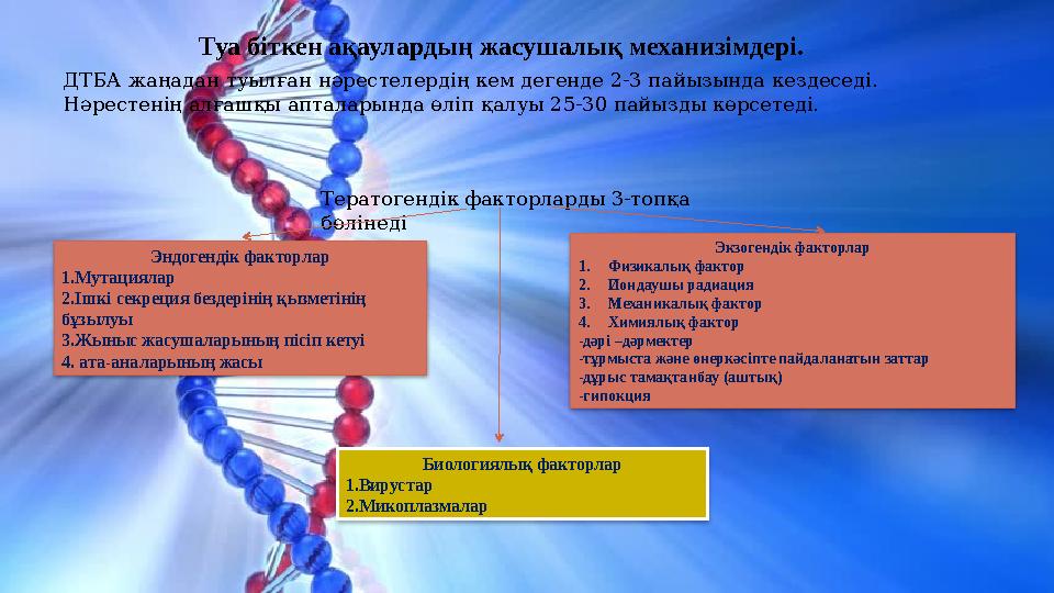 Туа біткен ақаулардың жасушалық механизімдері. ДТБА жаңадан туылған нәрестелердің кем дегенде 2-3 пайызында кездеседі. Нәрес