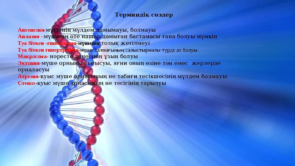 Ангенезия-мүшенің мүлдем дамымауы, болмауы Аплазия –мүшенің өте нашар дамыған бастамасы ғана болуы мүмкін Туа біткен -гипоплаз