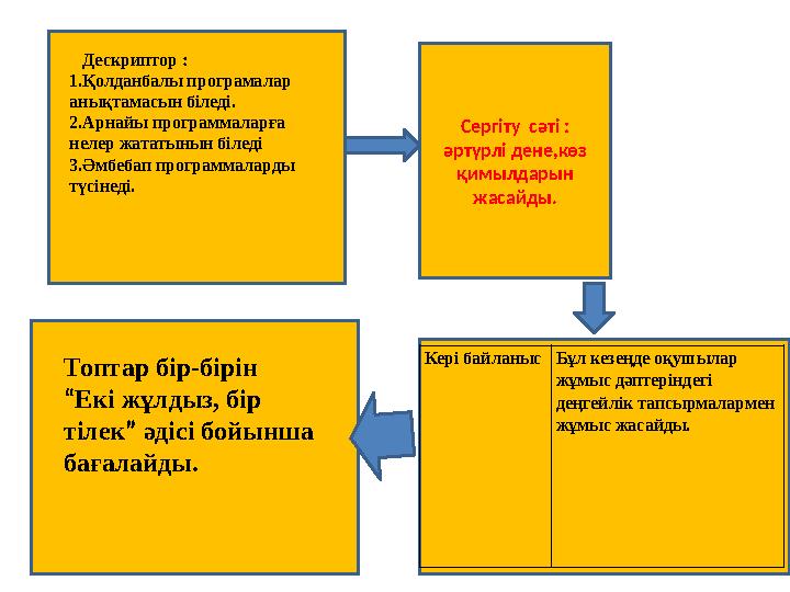 Дескриптор : 1.Қолданбалы програмалар анықтамасын біледі. 2.Арнайы программаларға нелер жататынын біледі 3.Әмбебап программа