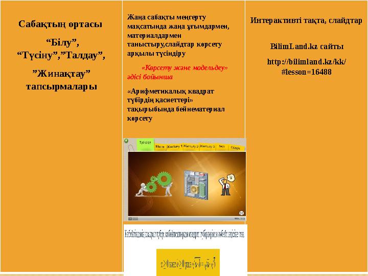 Cабақтың ортасы “Білу”, “Түсіну”,”Талдау”, ”Жинақтау” тапсырмалары Жаңа сабақты меңгерту мақсатында жаңа ұғымд
