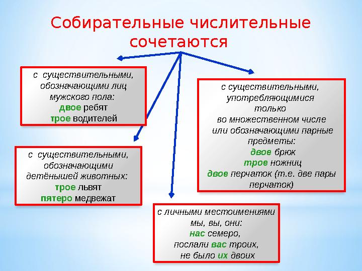 Собирательные числительные сочетаются с существительными, обозначающими лиц мужского пола: двое ребят трое водителей