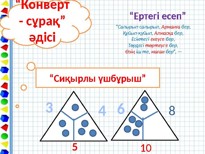 “Конверт - сұрақ” әдісі “Ертегі есеп” “Сапырып-сапырып, Арманға бер, Құйып-құйып, Алмасқа бер, Есіктегі екеуге бер, Төрдегі