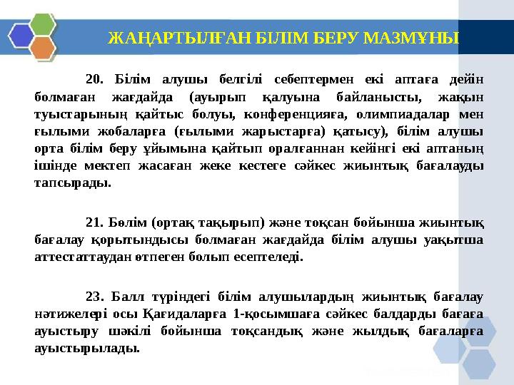 ЖАҢАРТЫЛҒАН БІЛІМ БЕРУ МАЗМҰНЫ 20. Білім алушы белгілі себептермен екі аптаға дейін болмаған жағдайда (ауырып қалуына байланыст