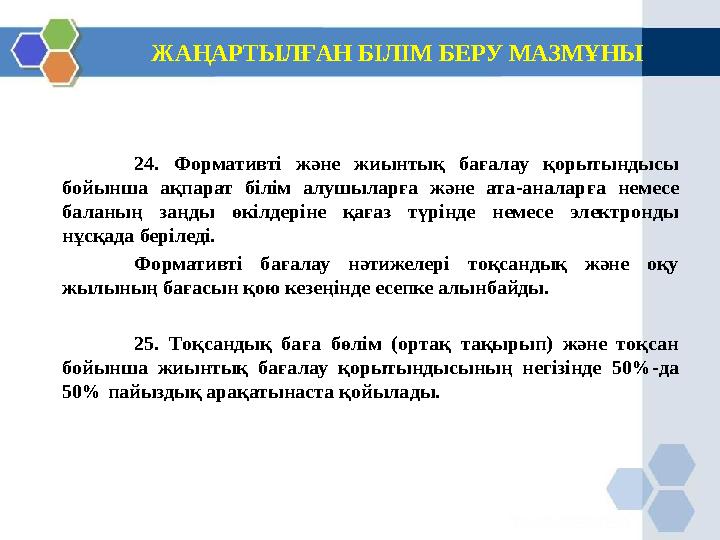 ЖАҢАРТЫЛҒАН БІЛІМ БЕРУ МАЗМҰНЫ 24. Формативті және жиынтық бағалау қорытындысы бойынша ақпарат білім алушыларға және ата -анала