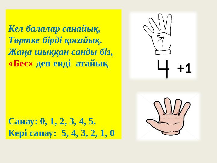 Кел балалар санайық, Төртке бірді қосайық. Жаңа шыққан санды біз, « Бес » деп енді атайық
