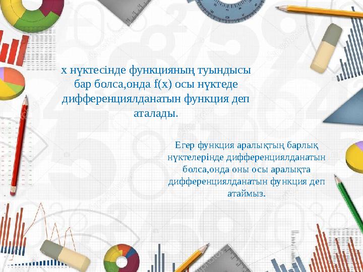 х нүктесінде функцияның туындысы бар болса,онда f(x) осы нүктеде дифференциялданатын функция деп аталады. Егер функция аралық