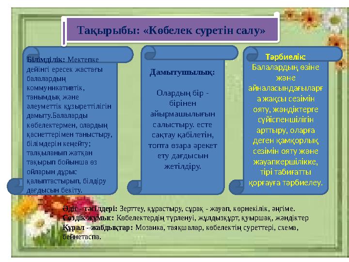 Білімділік: Мектепке дейінгі ересек жастағы балалардың коммуникативтік, танымдық және әлеуметтік құзыреттілігін дамыту.Бал