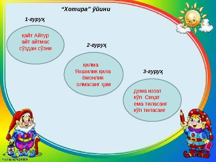 “ Хотира” ўйини қайт Айтур айт айтмас сўздан сўзни қилма Яхшилик қила ёмонлик олмасанг ҳам дема иззат кўп С