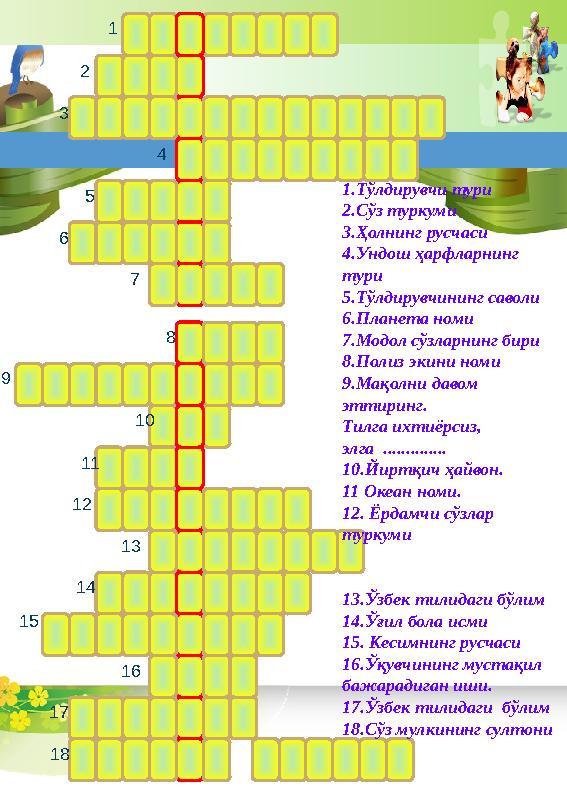 1 2 3 4 5 11 109 876 13 14 15 16 18 12 17 1.Тўлдирувчи тури 2.Сўз туркуми 3.Ҳолнинг русчаси 4.Ундош ҳарфларнинг тури 5.Тўлдирув