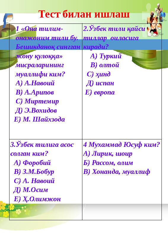 1 « Она тилим- онажоним тили бу . Бешикданоқ сингган жону қулоққа» мисраларининг муаллифи ким? А) А.Навоий В) А.Арипов