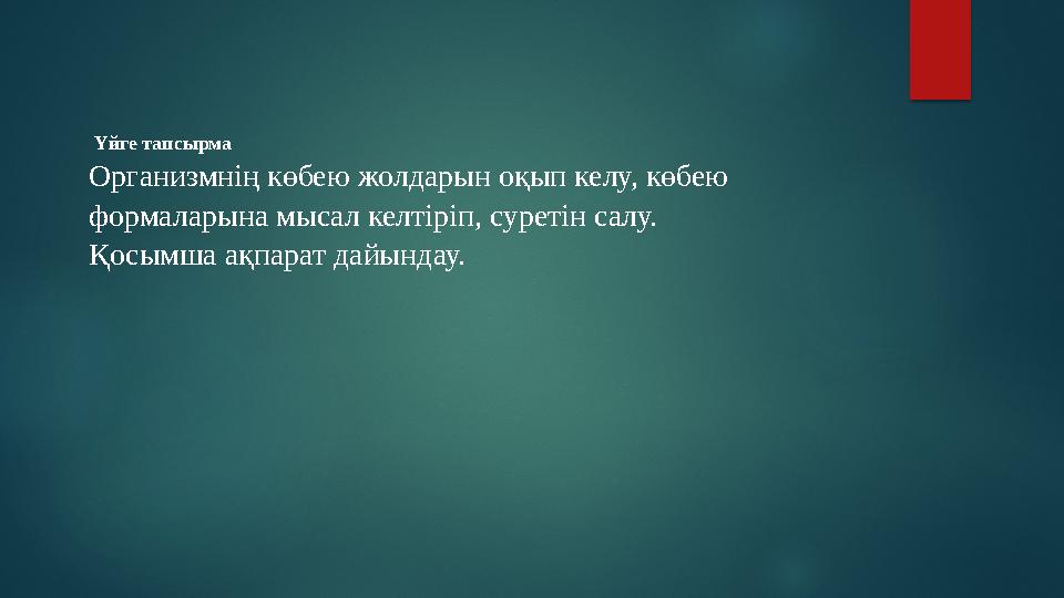Үйге тапсырма Организмнің көбею жолдарын оқып келу, көбею формаларына мысал келтіріп, суретін салу. Қосымша ақпарат дайында
