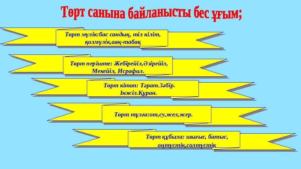 Төрт мүлік:бас сандық, тіл кіліт, қолмүлік,аяқ-табақ Төрт періште: Жебірейіл,Әзірейіл, Мекейіл, Исрафил. Төрт кітап: Тәрат.Зә