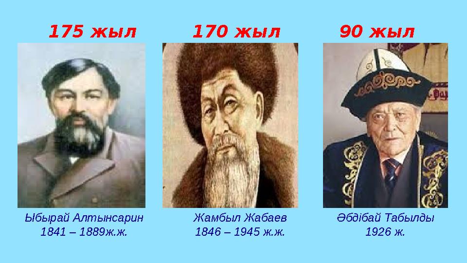 Ыбырай Алтынсарин 1841 – 1889ж.ж. Жамбыл Жабаев 1846 – 1945 ж.ж. Әбдібай Табылды 1926 ж. 175 жыл 170 жыл 90 жыл