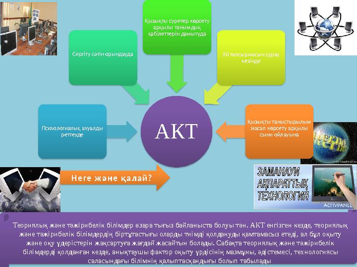 АКТ Психологиялық ахуалды реттеуде Сергіту сәтін орындауда Қызықты суретер көрсету арқылы танымдық қабілеттерін дамыту