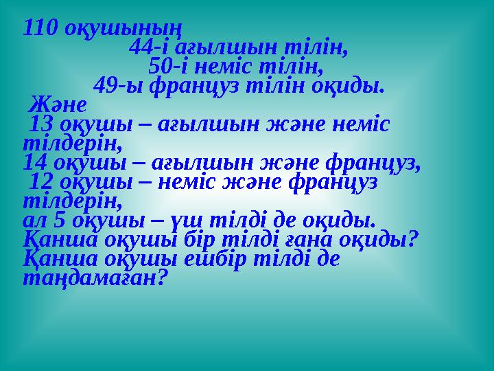 110 оқушының 44-і ағылшын тілін, 50-і неміс тілін, 49-ы француз тілін оқиды. Және 13 оқушы – ағылшын және неміс тілдерін,