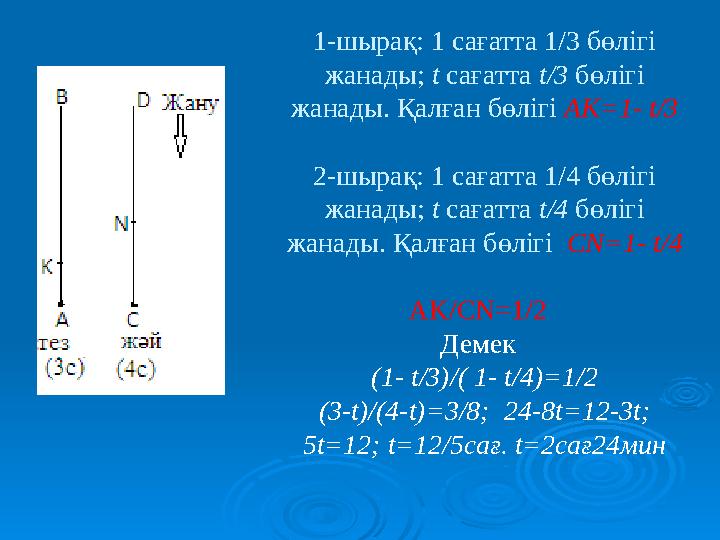 1-шырақ: 1 сағатта 1/3 бөлігі жанады; t сағатта t/3 бөлігі жанады. Қалған бөлігі АК=1- t/3 2-шырақ: 1 сағатта 1/4 бөлігі жана