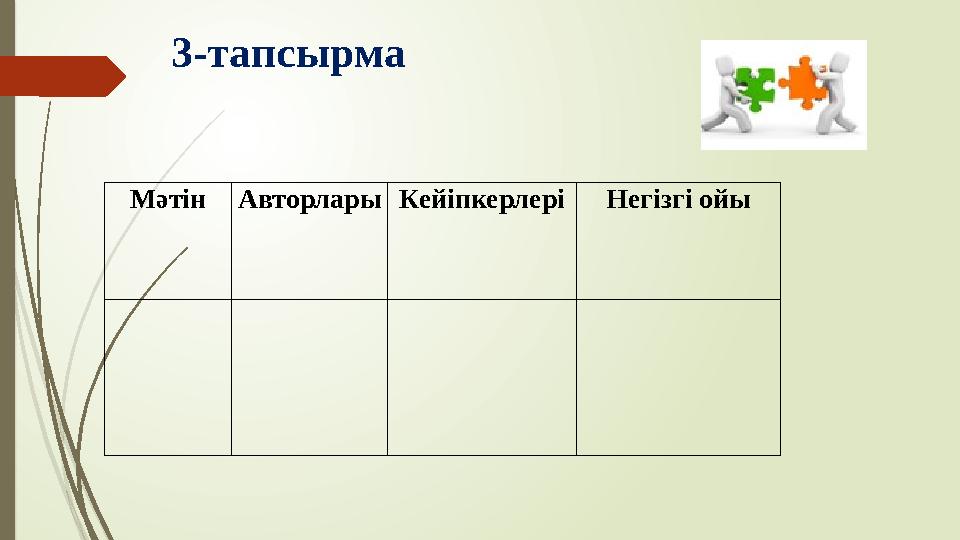 3-тапсырма МәтінАвторларыКейіпкерлеріНегізгі ойы