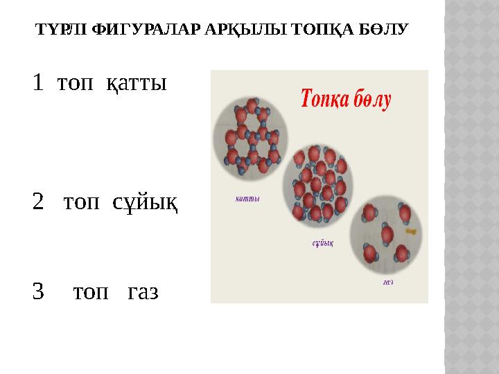 ТҮРЛІ ФИГУРАЛАР АРҚЫЛЫ ТОПҚА БӨЛУ 1 топ қатты 2 топ сұйық 3топ газ