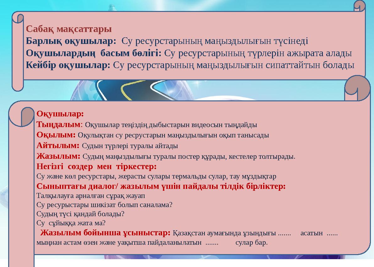 Сабақ мақсаттары Барлық оқушылар: Су ресурстарының маңыздылығын түсінеді Оқушылардың басым бөлігі: Су ресурстарының түрлерін а
