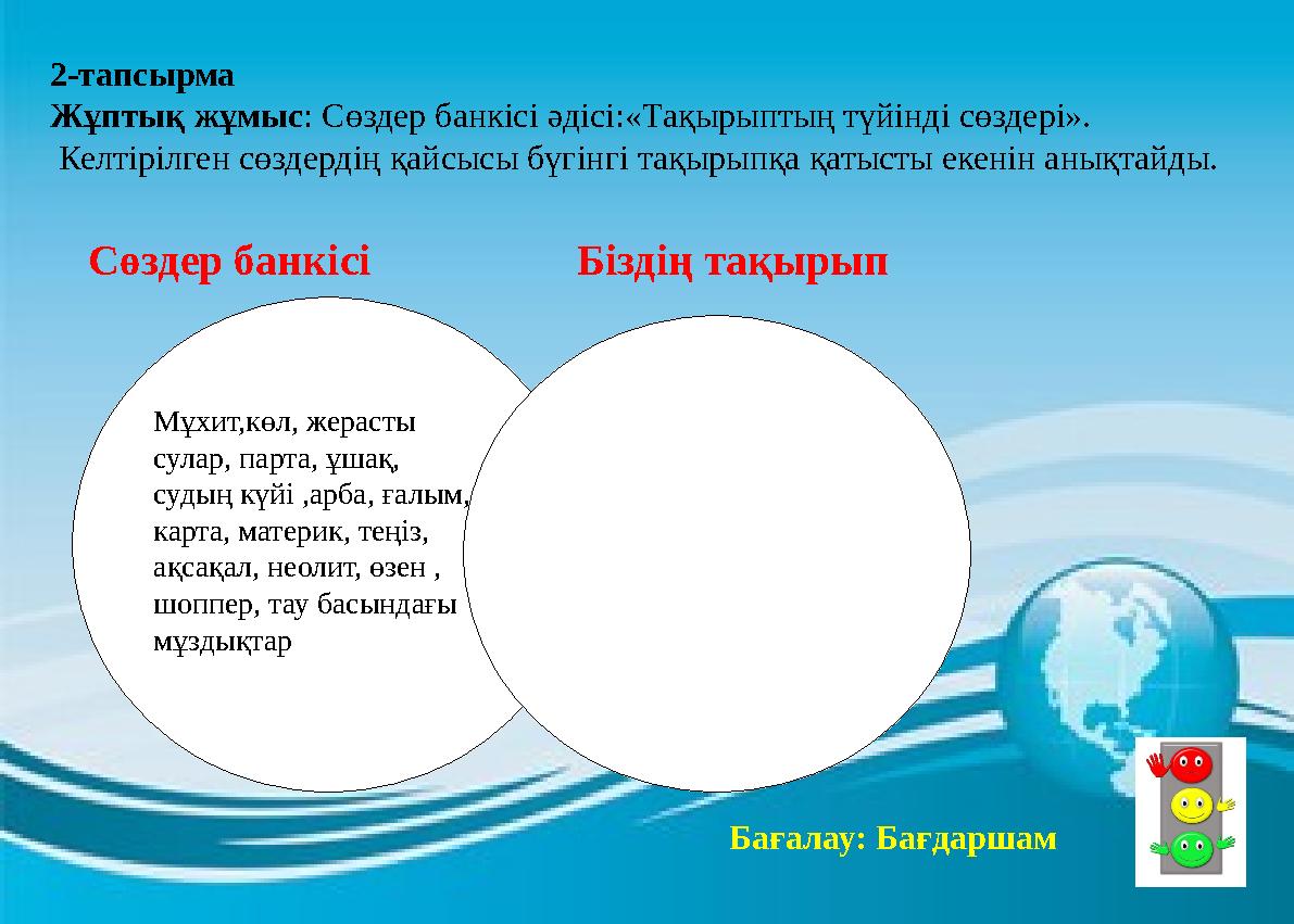 2-тапсырма Жұптық жұмыс: Сөздер банкісі әдісі:«Тақырыптың түйінді сөздері». Келтірілген сөздердің қайсысы бүгінгі тақырыпқа қат