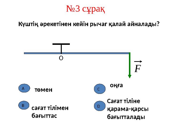 № 3 сұрақF ОКүштің әрекетінен кейін рычаг қалай айналады? А DC төмен сағат тілімен бағыттас Сағат тіліне қарама-қарсы бағытта