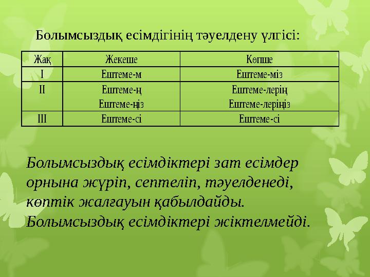 Болымсыздық есімдігінің тәуелдену үлгісі:Жақ Жекеше Көпше І Ештеме -м Ештеме -міз ІІ Ештеме -ң Ештеме -ңіз Е