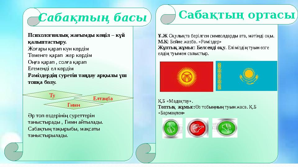 Ұ.Ж Оқулықта берілген символдарды ата, мәтінді оқы. М.К : Бейне жазба. «Рәміздер» Жұптық жұмыс : Белсенді оқу . Еліміздің туын