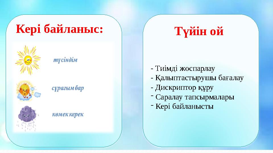 Кері байланыс: - Тиімді жоспарлау - Қалыптастырушы бағалау - Дискриптор құру - Саралау тапсырмалары - Кері байланысты Түйін ой