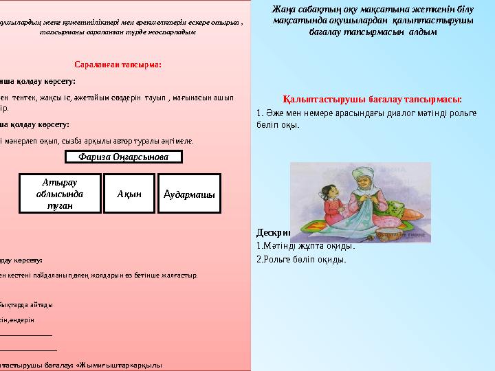 Оқушылардың жеке қажеттіліктері мен ерекшелктерін ескере отырып , тапсырманы сараланған түрде жоспарладым Сараланған тапсырма: