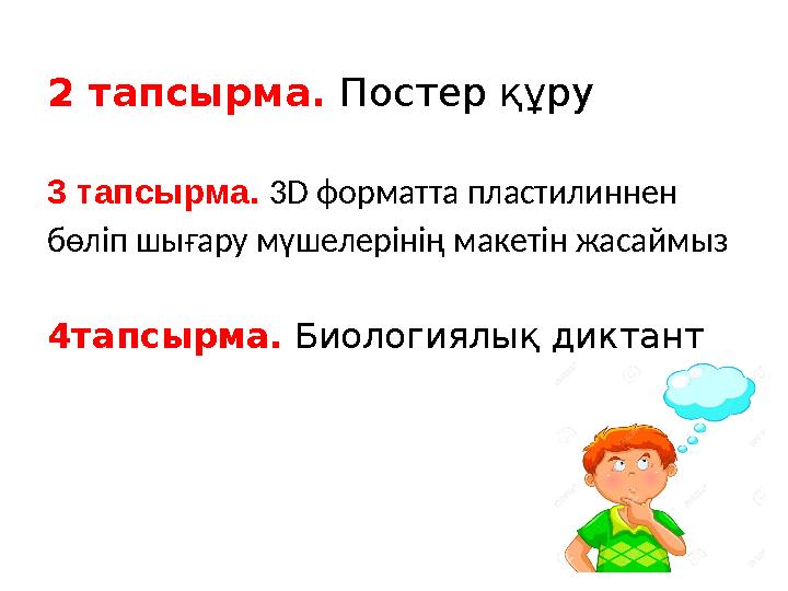 2 тапсырма. Постер құру 3 тапсырма. 3D форматта пластилиннен бөліп шығару мүшелерінің макетін жасаймыз 4тапсырма. Биологиялық