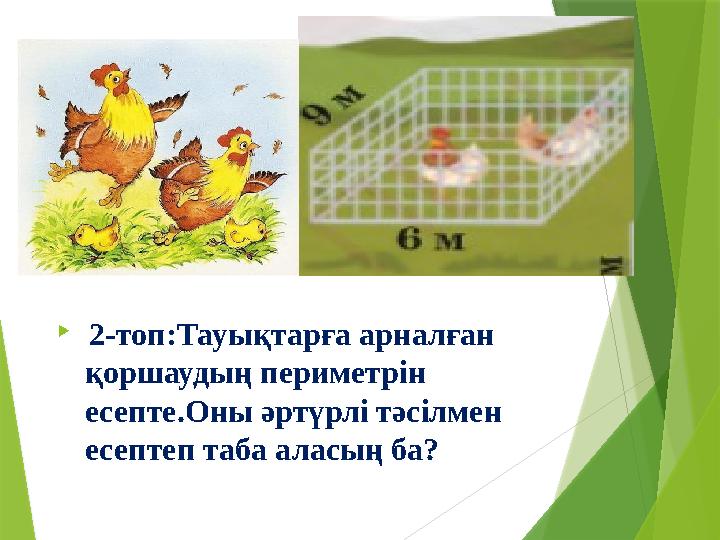  2-топ:Тауықтарға арналған қоршаудың периметрін есепте.Оны әртүрлі тәсілмен есептеп таба аласың ба?