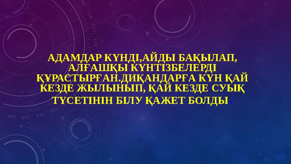 АДАМДАР КҮНДІ,АЙДЫ БАҚЫЛАП, АЛҒАШҚЫ КҮНТІЗБЕЛЕРДІ ҚҰРАСТЫРҒАН.ДИҚАНДАРҒА КҮН ҚАЙ КЕЗДЕ ЖЫЛЫНЫП, ҚАЙ КЕЗДЕ СУЫҚ ТҮСЕТІНІН БІЛ