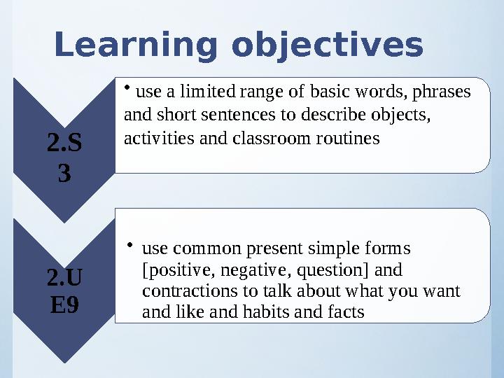 Learning objectives 2.S 3 • use a limited range of basic words, phrases and short sentences to describe objects, activities