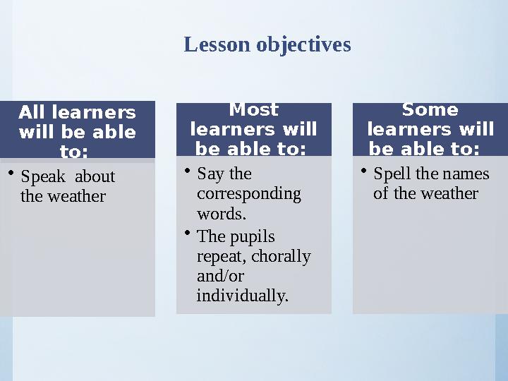 All learners will be able to: •Speak about the weather Most learners will be able to: •Say the corresponding word