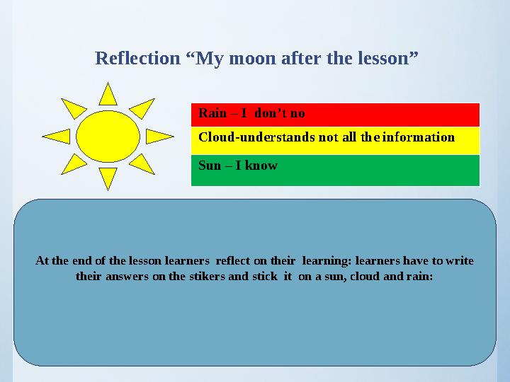 Reflection “My moon after the lesson” Rain – I don’t no Cloud-understands not all the information Sun – I know At the end o