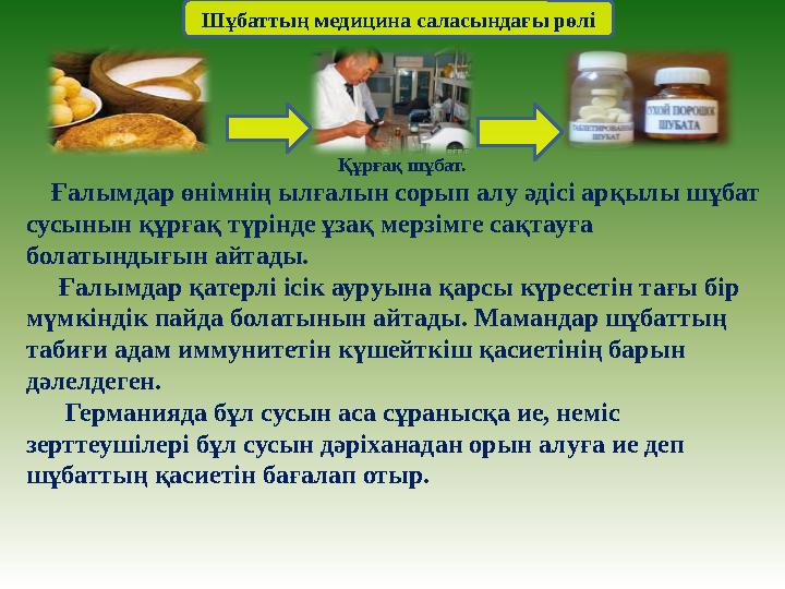 Шұбаттың медицина саласындағы рөлі Құрғақ шұбат. Ғалымдар өнімнің ылғалын сорып алу әдісі арқылы шұбат сусынын құрғақ т