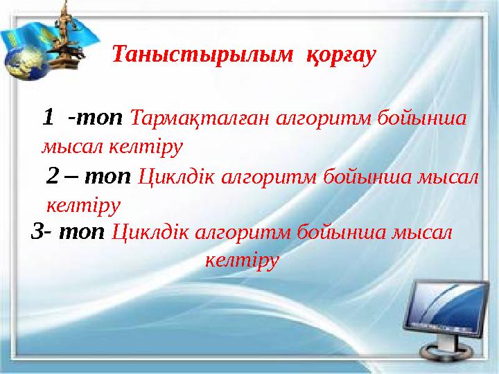 Таныстырылым қорғау 1 -топ Тармақталған алгоритм бойынша мысал келтіру 2 – топ Циклдік алгоритм бойынша мысал к