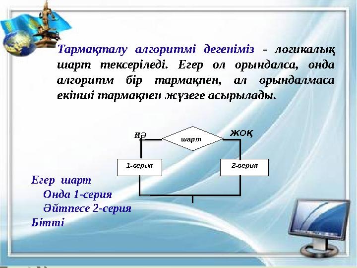 шарт 1-серия 2-серия ИӘ ЖОҚ Егер шарт Онда 1-серия Әйтпесе 2-серия Бітті Тармақталу алгоритмі деге