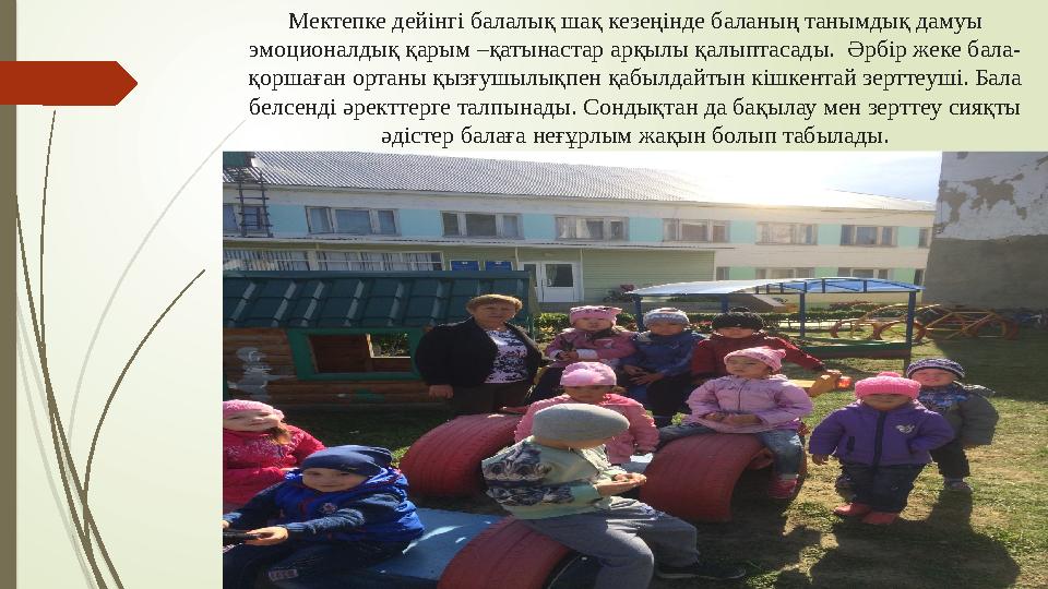 Мектепке дейінгі балалық шақ кезеңінде баланың танымдық дамуы эмоционалдық қарым –қатынастар арқылы қалыптасады.