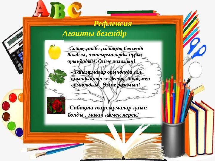 Рефлексия Ағашты безендір -Сабақ ұнады ,сабақта белсенді болдым, тапсырмаларды дұрыс орындадым .