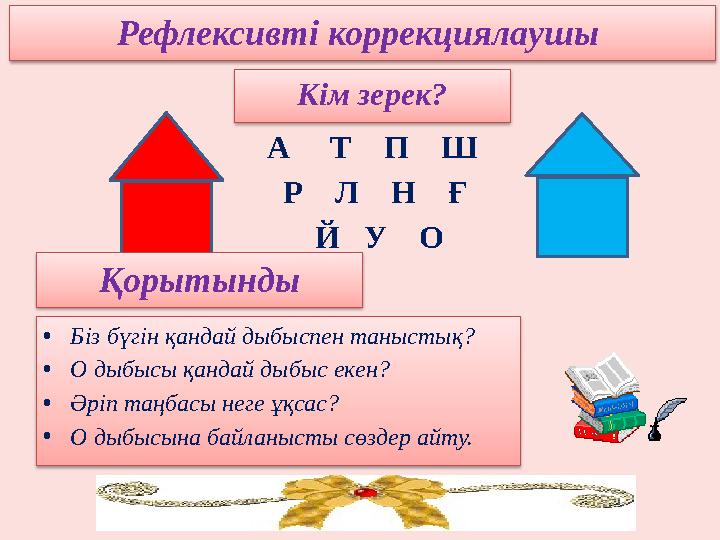 Кім зерек? А Т П Ш Р Л Н Ғ Й У О Қорытынды •Біз бүгін қандай дыбыспен таныстық? •О дыбысы қандай д
