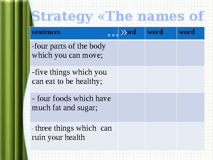 sentences wordword word -four parts of the body which you can move; -five things which you can eat to be healthy; - four foods