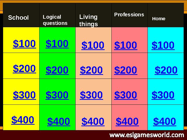 $100 $200 $300 $400 $100 $200 $300 $400$400$400$400 $300$300$300 $200$200$200 $100$100$100 School HomeLiving things Profession